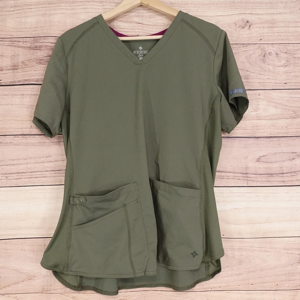 Med Couture Scrubs Top L Green Touch V Neck Stretch Medical Pockets Womens